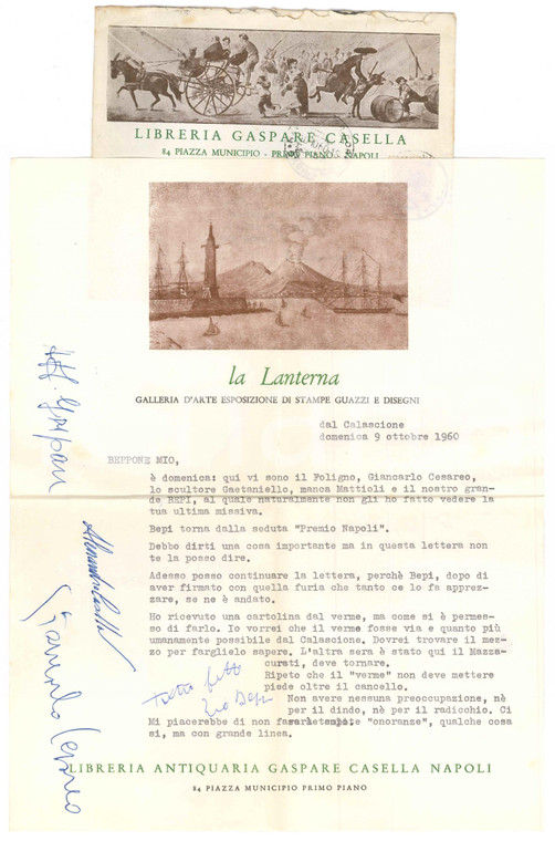 1960 NAPOLI Galleria LA LANTERNA - Lettera Gaspare CASELLA *Autografo