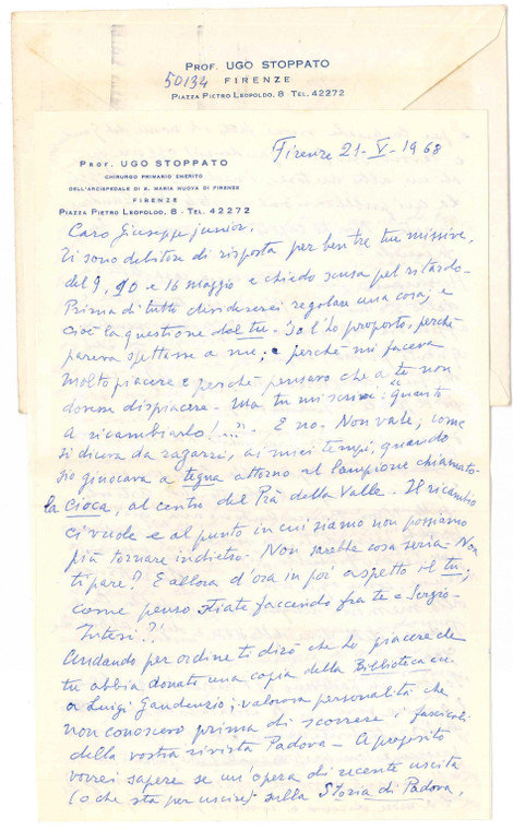 1968 FIRENZE Lettera Ugo STOPPATO su genealogia di famiglia *AUTOGRAFO