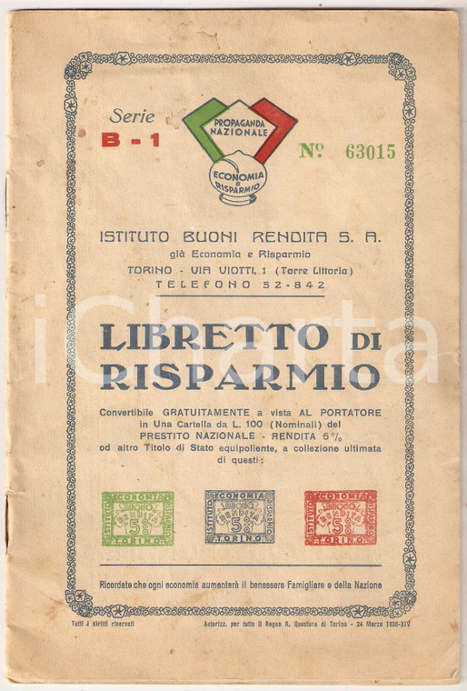 1936 ISTITUTO BUONI RENDITA Agenzia di GENOVA Libretto di risparmio Serie B1 