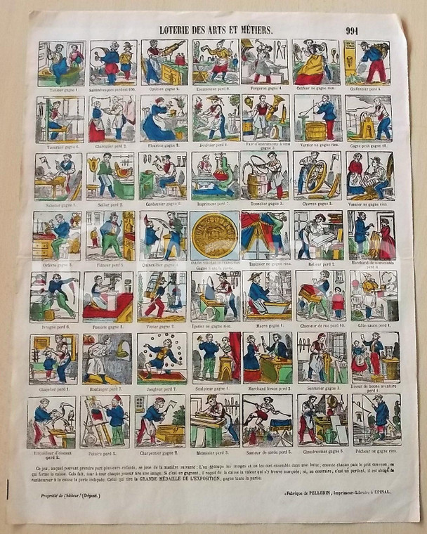 1890 ca FRANCE LOTERIE DES ARTS ET METIERS Litografia per gioco - RARA 32x41 cm