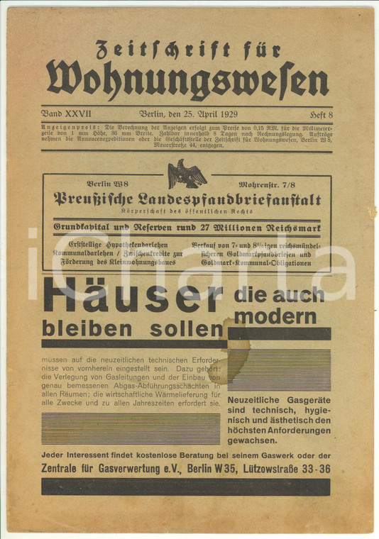 1929 ZEITSCHRIFT FUR WOHNUNGSWEFEN Wohnungen fur Obbachlofe - Anno XXVII n° 8