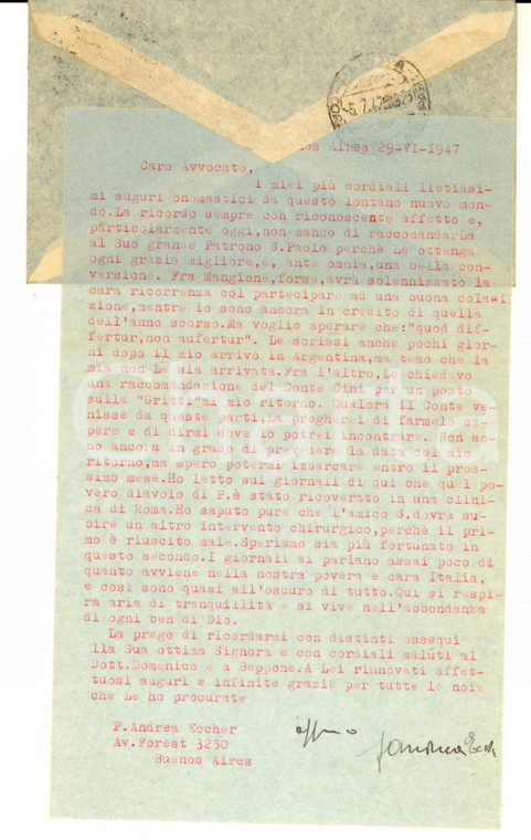 1947 BUENOS AIRES Padre Andrea ECCHER chiede raccomandazione al conte CINI