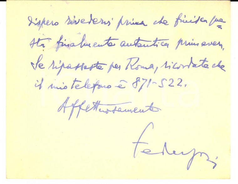 1955 ROMA Luigi FEDERZONI Biglietto di ringraziamento per auguri - AUTOGRAFO