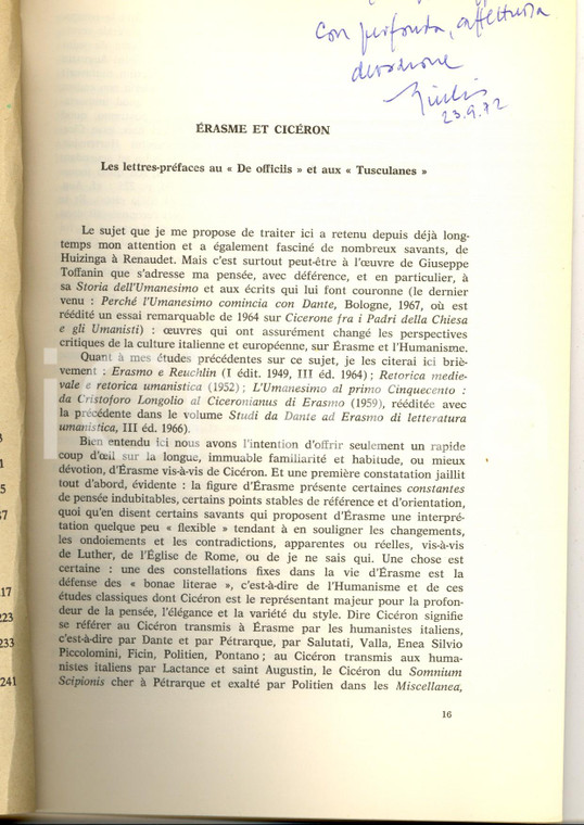 1972 Giulio VALLESE Erasme et Cicéron - Lettres-préfaces - Invio AUTOGRAFO