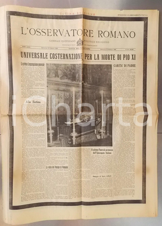 1939 L'OSSERVATORE ROMANO Morte di papa Pio XI - Giornale anno LXXIX - n° 36