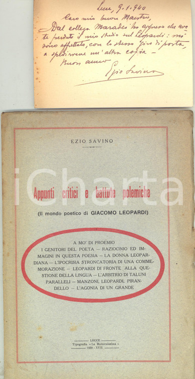 1939 Ezio SAVINO Appunti critici - Giacomo Leopardi - Invio AUTOGRAFO