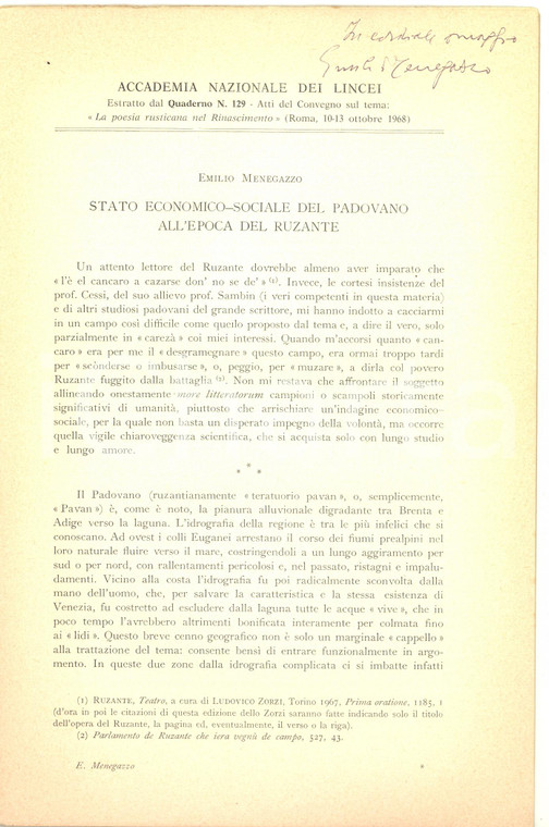 1968 Emilio MENEGAZZO Stato economico-sociale del padovano - Invio AUTOGRAFO