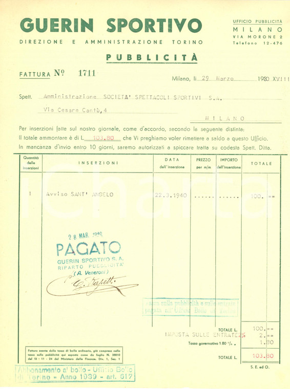 1940 MILANO - GUERIN SPORTIVO Pubblicità - Fattura intestata