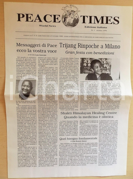 1996 PEACE TIMES World News - Triang Rinpoche a Milano - Giornale n°1