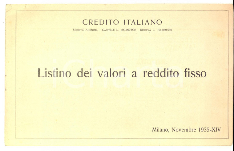 Novembre 1935 CREDITO ITALIANO Listino dei valori a reddito fisso 12 pp.