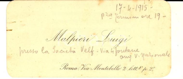 1915 ROMA Biglietto da visita di Luigi MALPIERI - Società VELF