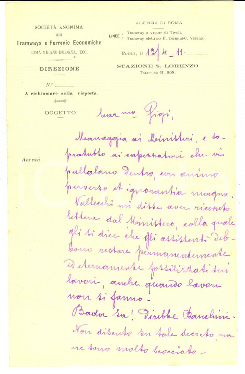 1911 ROMA Società Anonima Tramways - Mannaggia ai Ministeri *Celestino GREA