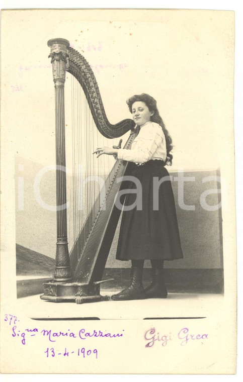 1909 ROMA (?) Maria CAZZANI suona l'arpa - Ritratto *Fotocartolina VINTAGE