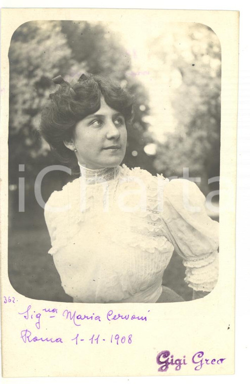 1908 ROMA Ritratto di Maria CERVONI in abito bianco *Fotocartolina VINTAGE