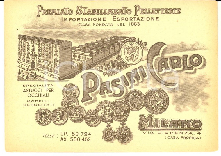 1900 ca MILANO PASINI Carlo - Premiato Stabilimento Pelletterie - Biglietto