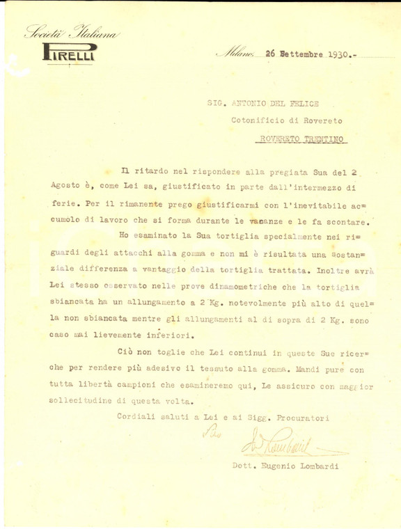 1930 MILANO Società Italiana PIRELLI - Lettera di Eugenio Lombardi su tortiglie