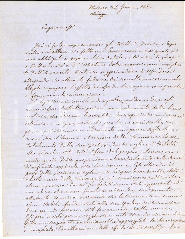 1865 MENAGGIO Lettera avv. Andrea CASTELLI al cugino su causa patrimoniale