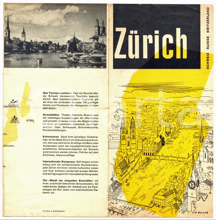 1955 ca ZURICH Pieghevole illustrato VINTAGE con mappa della città *10x21 cm