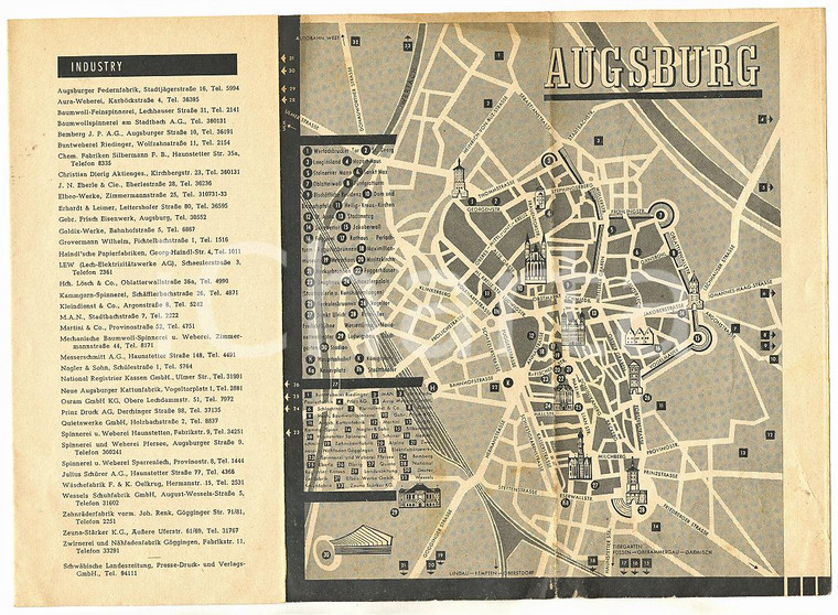 1950 ca AUGSBURG (DE) Pieghevole illustrato VINTAGE con mappa della città *9x20