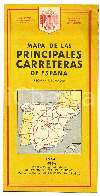 1953 ESPAÑA Mapa de las principales carreteras *Cartina stradale VINTAGE 10x21