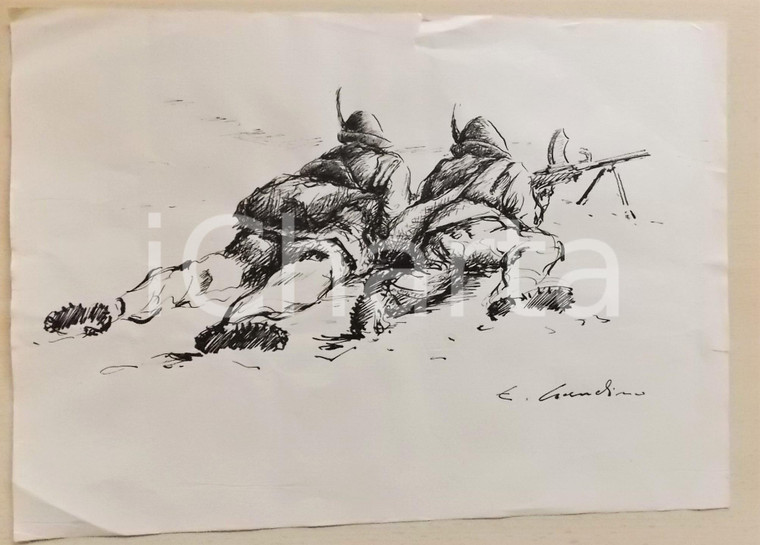 1960 ca Enrico GAUDINO Due alpini in guerra - Disegno a china ORIGINALE FIRMATO