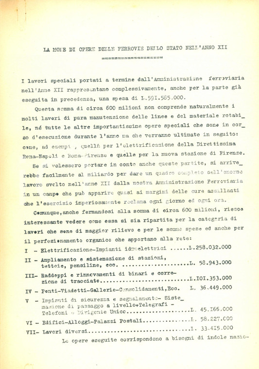 1934 OPERE DEL REGIME Opere ferroviarie del regime fascista *BOZZA