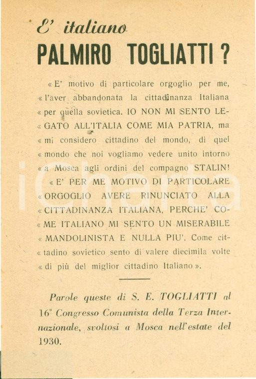 1950 ca PROPAGANDA POLITICA Palmiro TOGLIATTI non è un vero italiano *Volantino