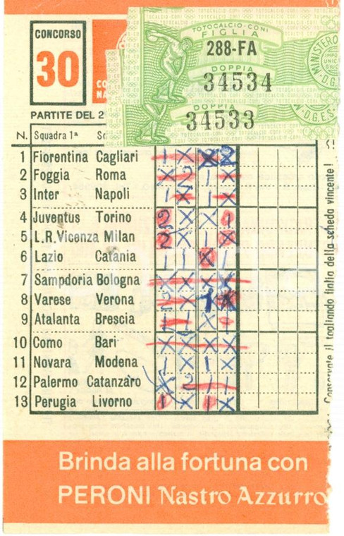 1971 TOTOCALCIO Schedina giocata concorso n. 30 PERONI NASTRO AZZURRO