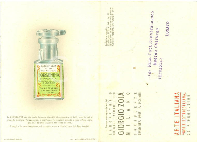 1939 MILANO Lab. farmaceutico Giorgio ZOJA Forgenina BOTTICELLI Pubblicità