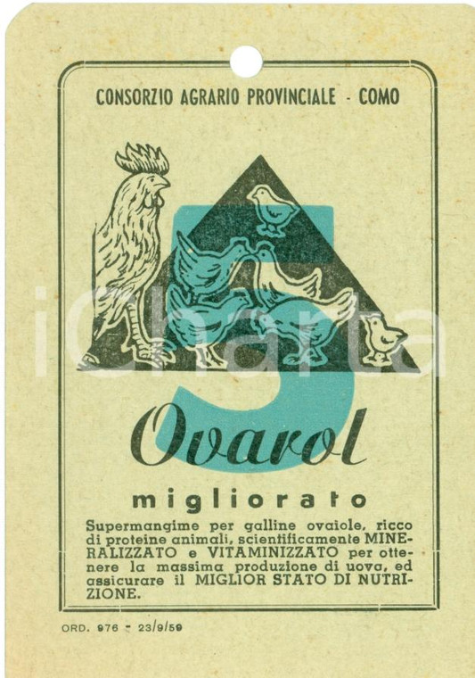 1959 COMO Consorzio Agrario Provinciale OVAROL migliorato *Etichetta ILLUSTRATA
