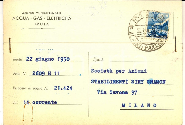 1950 ca IMOLA Aziende municipalizzate Acqua-gas-elettricità *Cartolina intestata