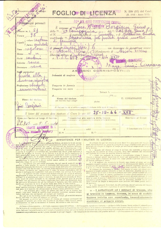 1944 WW2 FIRENZE 112° Battaglione GENIO Licenza al soldato Gino BORGIANI