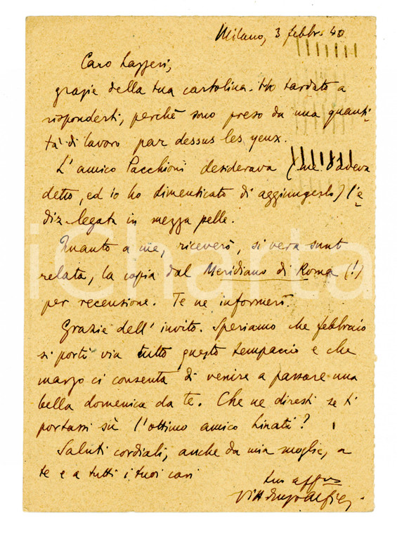 1940 MILANO Vittorio Enzo ALFIERI riceve opera di LAZZERI *Autografo