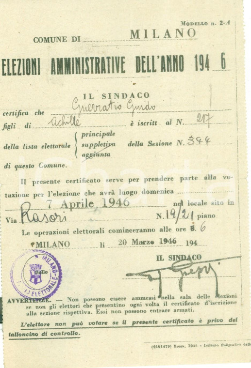 1946 MILANO Elezioni amministrative *Certificato elettorale nominativo