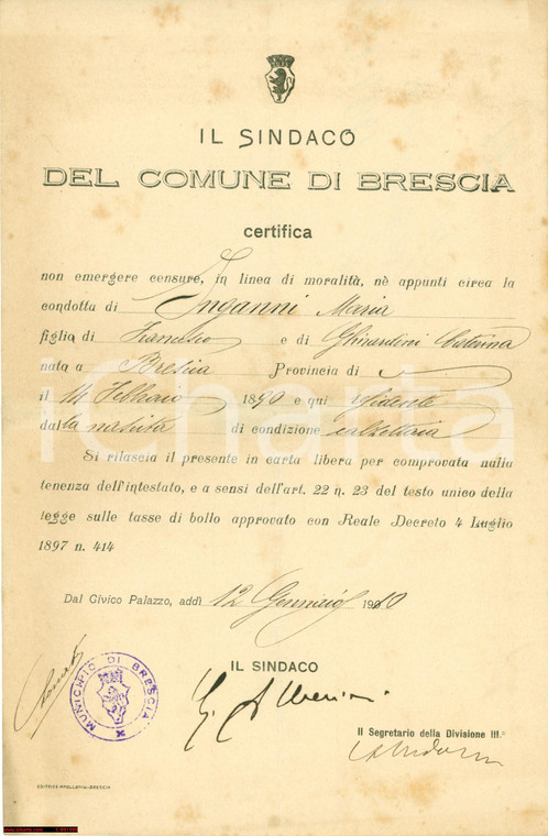 1910 BRESCIA Moralità di Maria INGANNI calzettara