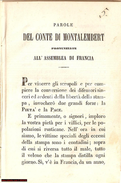 1849 MONTALEMBERT Discorso libertà di STAMPA Assemblea