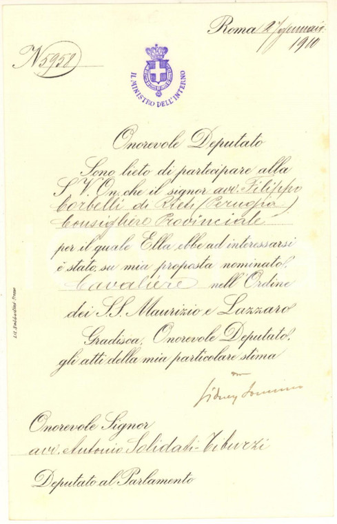 1910 ROMA Autografo ministro SIDNEY SONNINO su nomina avv. Filippo CORBELLI