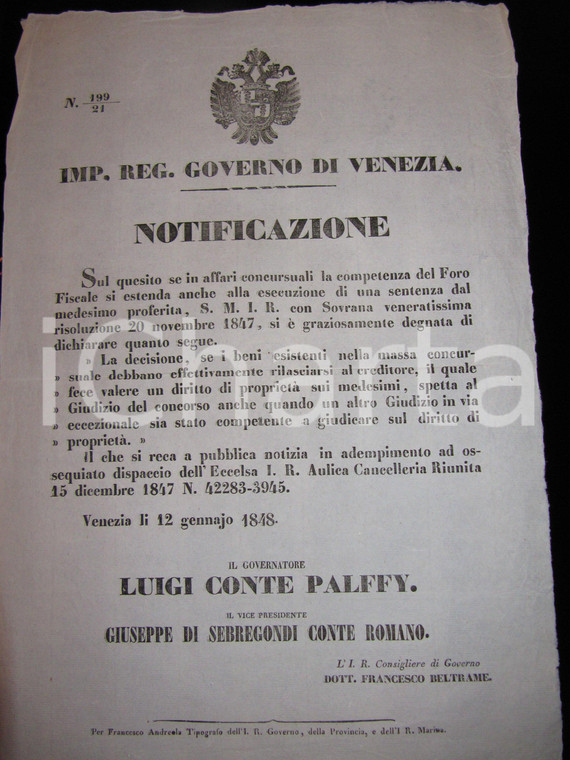 1848 VENEZIA Imperial Regio Governo Competenze FORO FISCALE *Manifesto