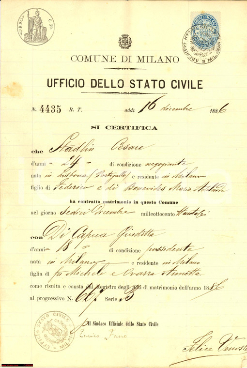 1886 Milano. Certificato Matrimonio Stadlin - Di Capua
