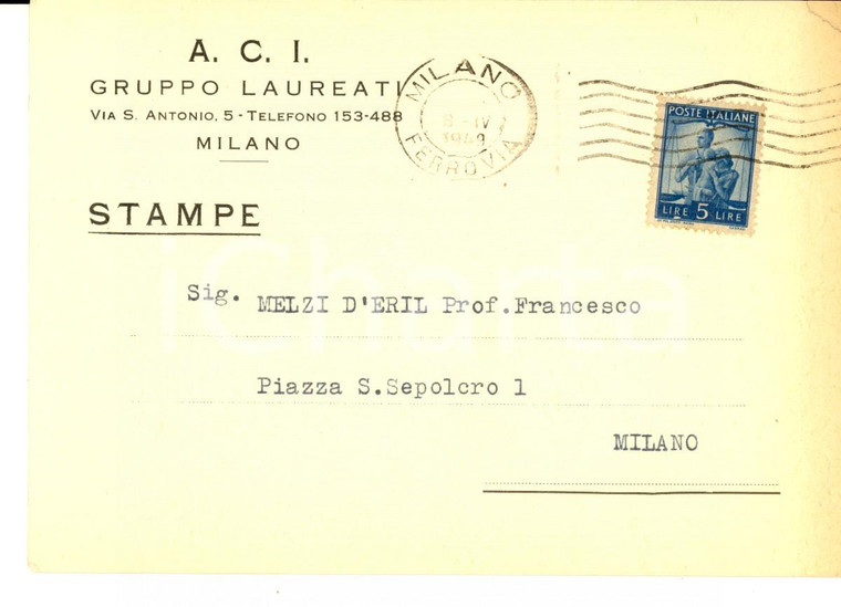 1949 MILANO A.C.I. GRUPPO LAUREATI Invito incontro bishop NIRMALANANDA Cartolina