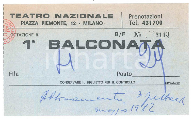 1982 MILANO Teatro Nazionale - Biglietto balconata 13x8 cm