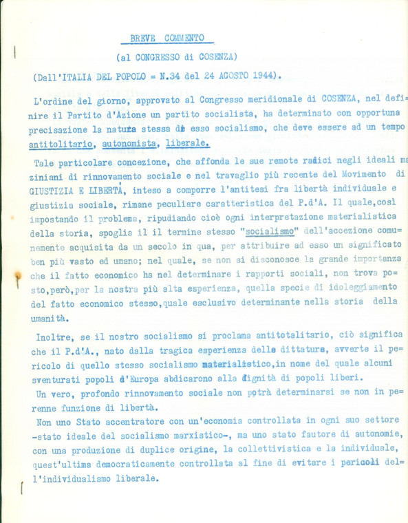 1965 ca Leo VALIANI Natura del Partito d'Azione Congresso COSENZA Dattiloscritto