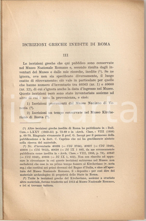 1958 Luigi MORETTI Iscrizioni Greche inedite di ROMA