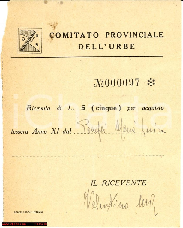 1933 ONB Ricevuta adesione anno XI urbe