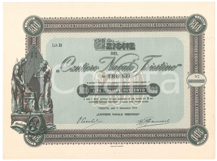 1919 TRIESTE Cantiere Navale Triestino Certificato azionario ILLUSTRATO (1)
