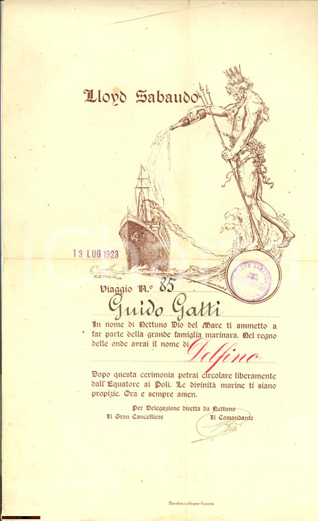 1923 VASCELLO PRINCIPE DI UDINE Diploma del viaggiatore