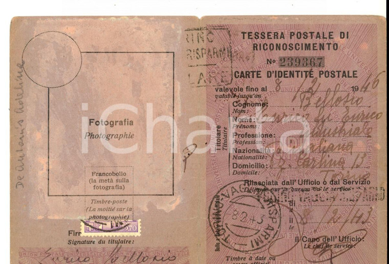 1887 TORINO Tessera postale di riconoscimento Enrico BELLOSIO industriale
