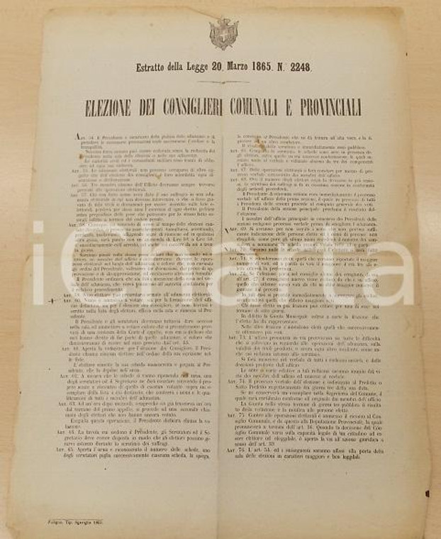 1865 FOLIGNO (PG) Elezione Consiglieri Comunali Provinciali *Manifesto