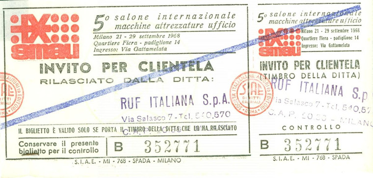 1968 MILANO Invito per 5° SMAU Salone Macchine attrezzature ufficio RUF ITALIANA