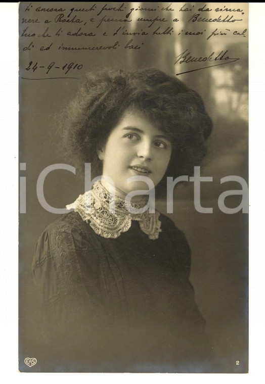 1910 COSTUME Giovane donna con colletto di pizzo *Cartolina VINTAGE ing. BONELLI